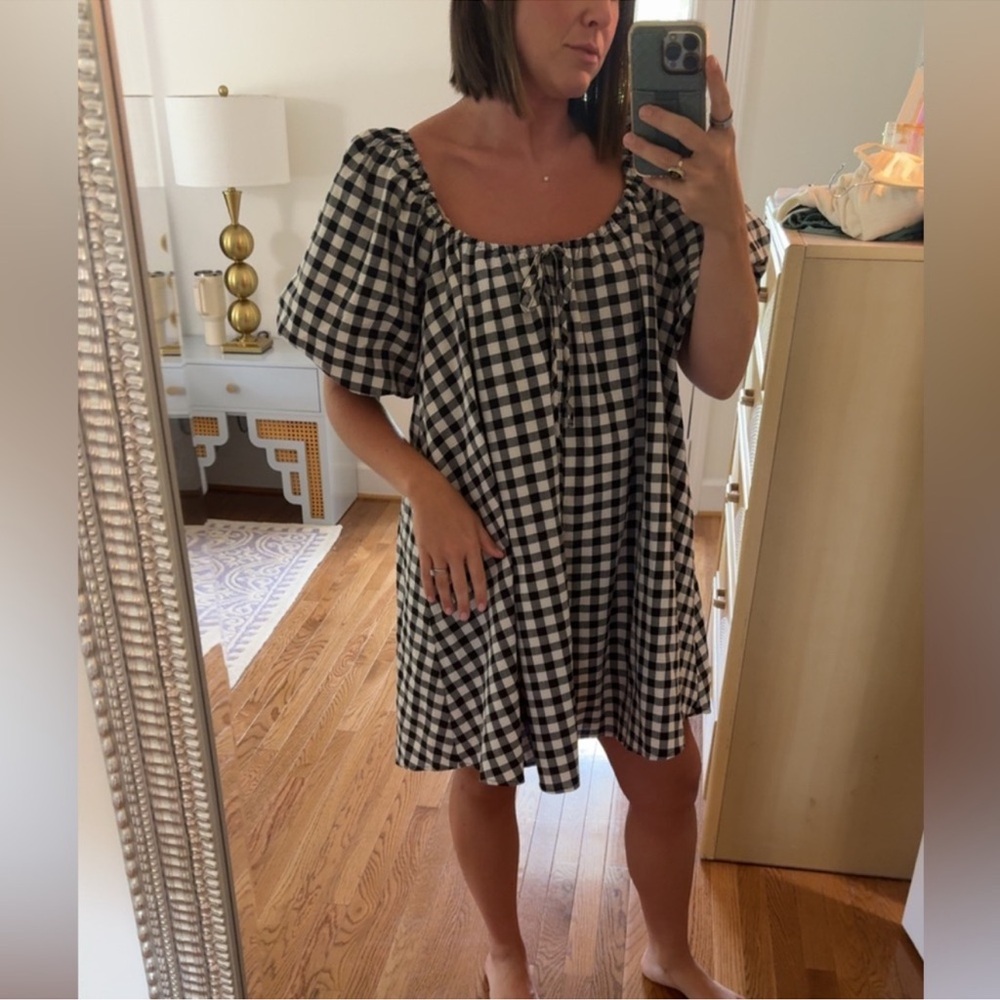 NWT puff sleeve black + white gingham mini dress